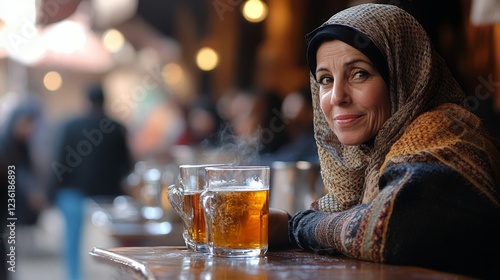 Smiling woman enjoying a warm drink at an outdoor market