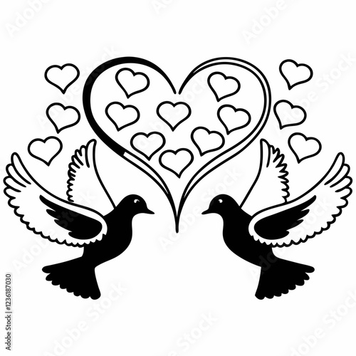 Lovebirds with Decorative Hearts Silhouette Vector Illustration

