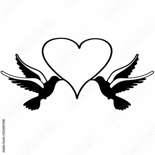 Lovebirds with Decorative Hearts Silhouette Vector Illustration

