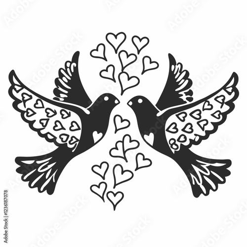 Romantic Birds with Heart Silhouettes Vector Illustration

