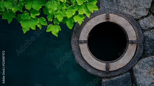 Mysterious Well: A circular well opening, framed in aged stone and metal, peeks from the dark, still water. Lush green ivy adds a touch of life to this mysterious scene. photo