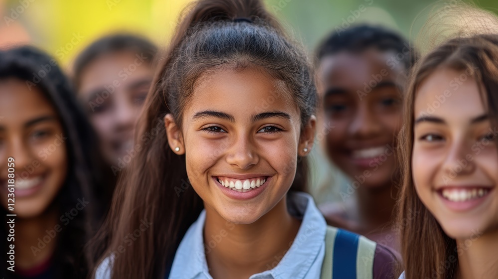 Fototapeta premium Group of happy teenage girls smiling, enjoying friendship outdoors during school day. Positive vibes, youth culture and community spirit captured in natural light.