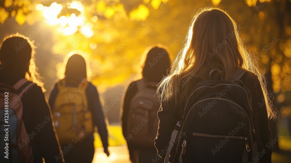 Group of students walking in autumn park with backpacks, enjoying warm sunset and outdoor leisure time, fostering friendship and exploration in nature. Group of students walking in autumn park with backpacks, enjoying warm sunset and outdoor leisure time, fostering friendship and exploration in nature.