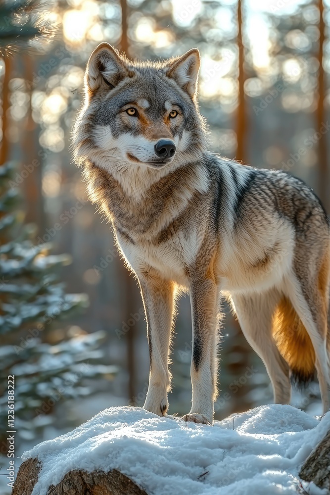 Majestic Wolf Standing on Snowy Rock in Winter Forest Majestic Wolf Standing on Snowy Rock in Winter Forest