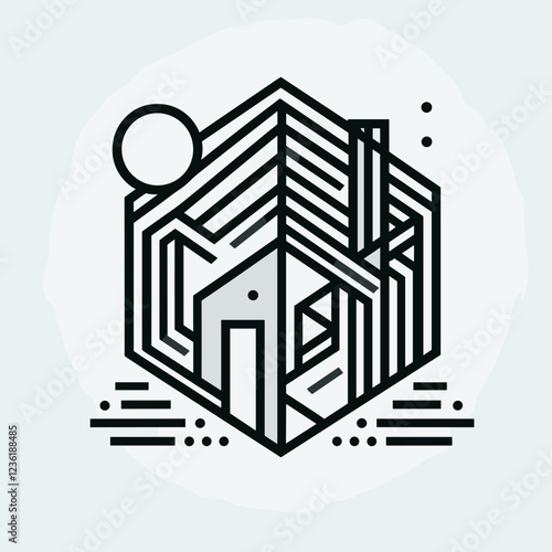 Geometric line art illustration of a house with a sun and chimney