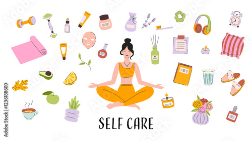 Self Care Illustrations. Yoga, Skincare and Relaxation. Wellness Essentials. Me Time Concept.