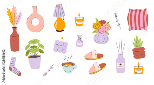 Cozy Home Accessories Collection. Vector Illustration of plants, candles, pillow and slippers.