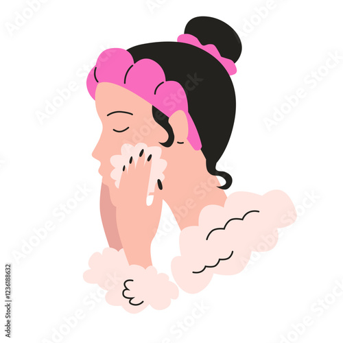 Woman Washing Face. Skincare Routine Illustration.