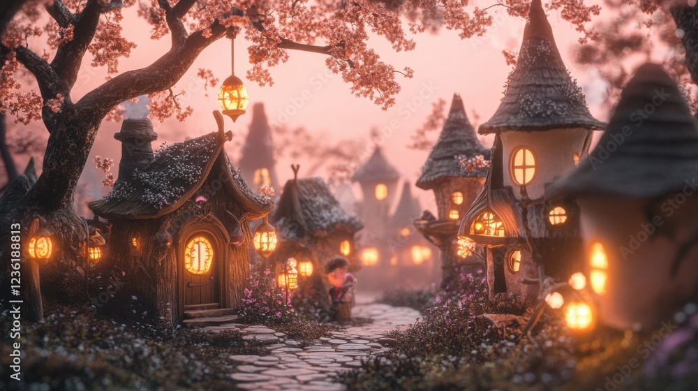 Enchanting Fairy Tale Village at Dusk with Glowing Lanterns and Blooming Cherry Blossom Trees Enchanting Fairy Tale Village at Dusk with Glowing Lanterns and Blooming Cherry Blossom Trees