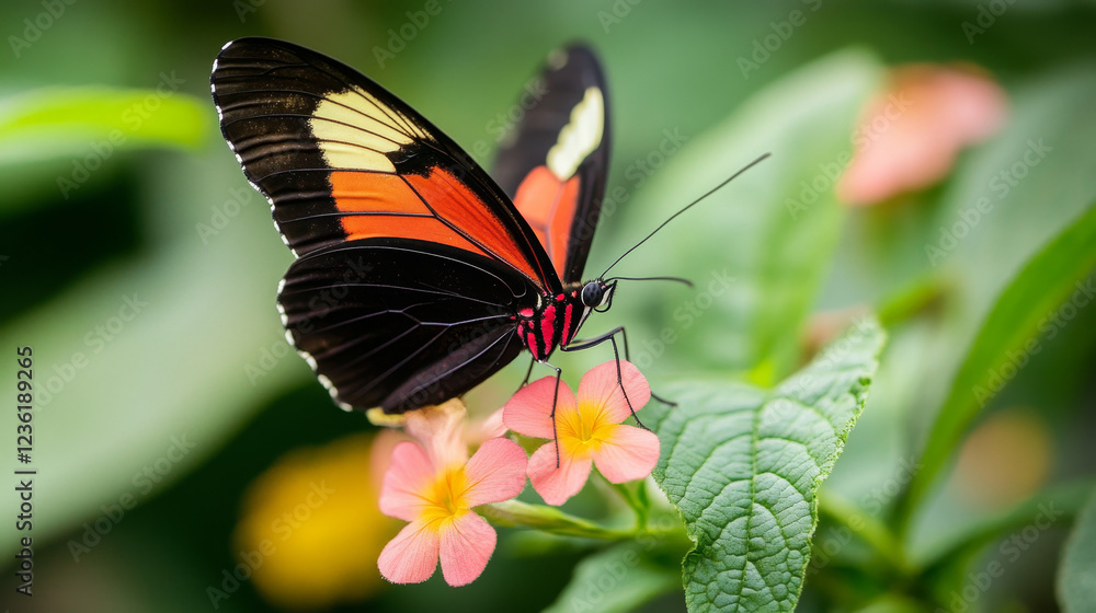 Vibrant Heliconius Butterfly on Pink Flowers in Lush Green Foliage Vibrant Heliconius Butterfly on Pink Flowers in Lush Green Foliage