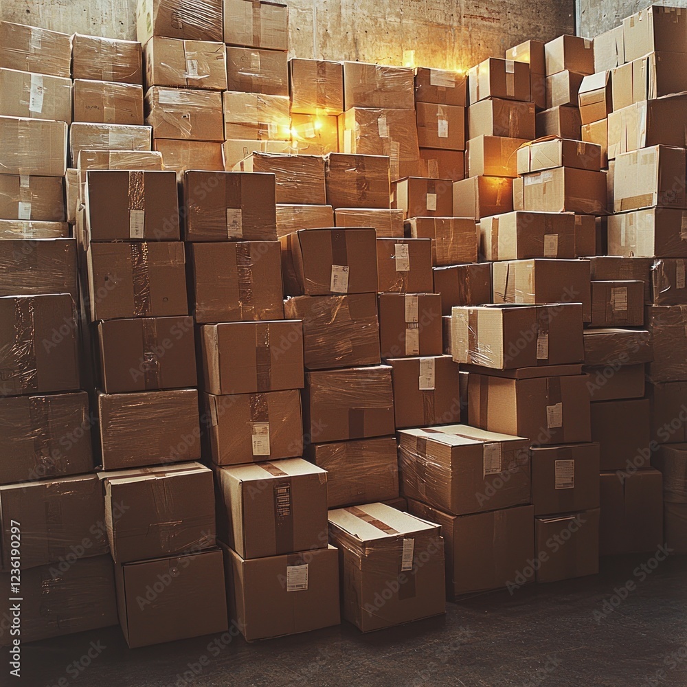 Stacked cardboard boxes in warehouse with warm lighting, storage and logistics concept Stacked cardboard boxes in warehouse with warm lighting, storage and logistics concept