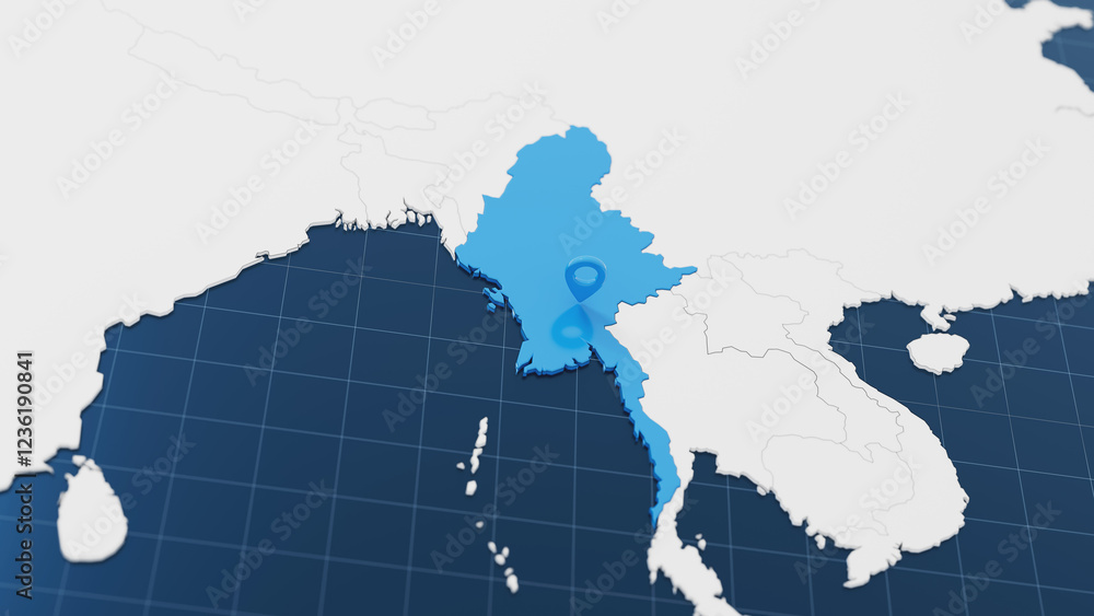 Fototapeta premium Blue Myanmar 3d map with pointer pin surrounded with other countries in white. Political map with borders. 3d render illustration