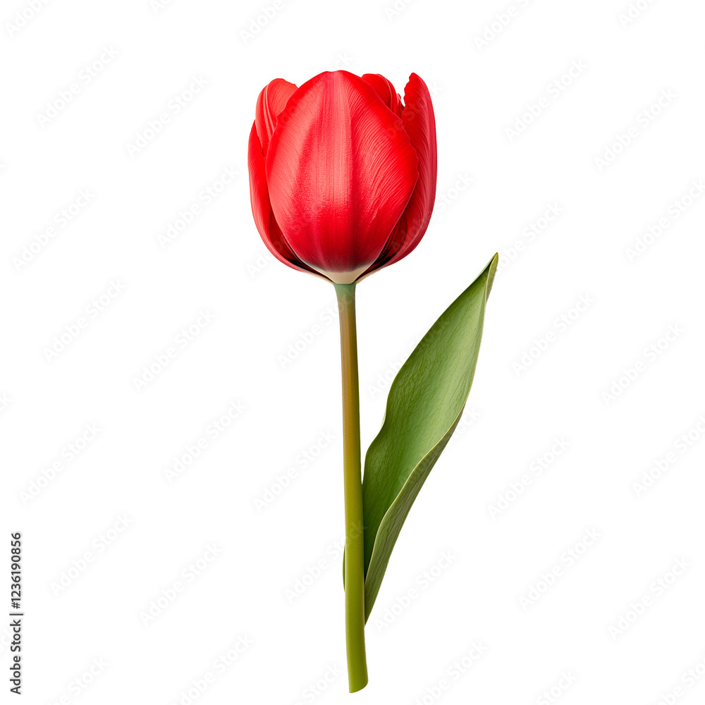 Bright red tulip blooming with a long green stem against a simple background during springtime Bright red tulip blooming with a long green stem against a simple background during springtime