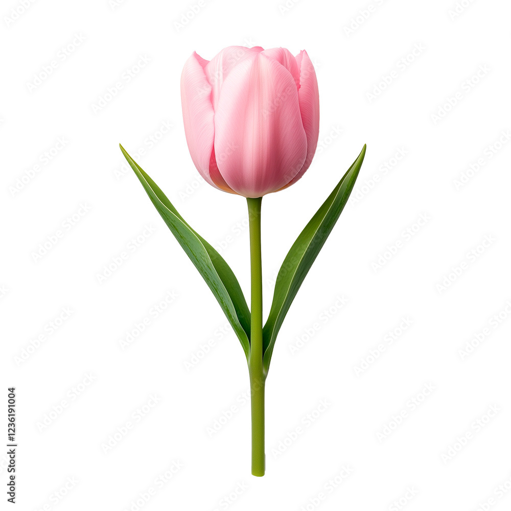 Fototapeta premium Soft pink tulip with delicate petals stands tall against a neutral backdrop in springtime bloom