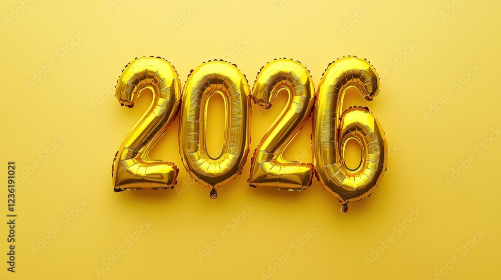 Bright Yellow Foil Balloons in Shape of Numbers 2026 on a Vibrant Yellow Background for Celebratory Themes Bright Yellow Foil Balloons in Shape of Numbers 2026 on a Vibrant Yellow Background for Celebratory Themes