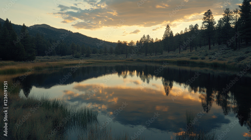Fototapeta premium Serene Sunset Reflection in Mountain Lake Peaceful Nature Landscape