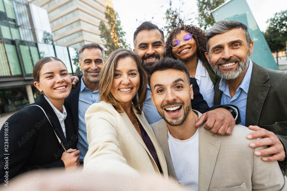 Obraz premium Group of cheerful multiethnic business people taking a selfie with mobile phone app in front of their modern office building