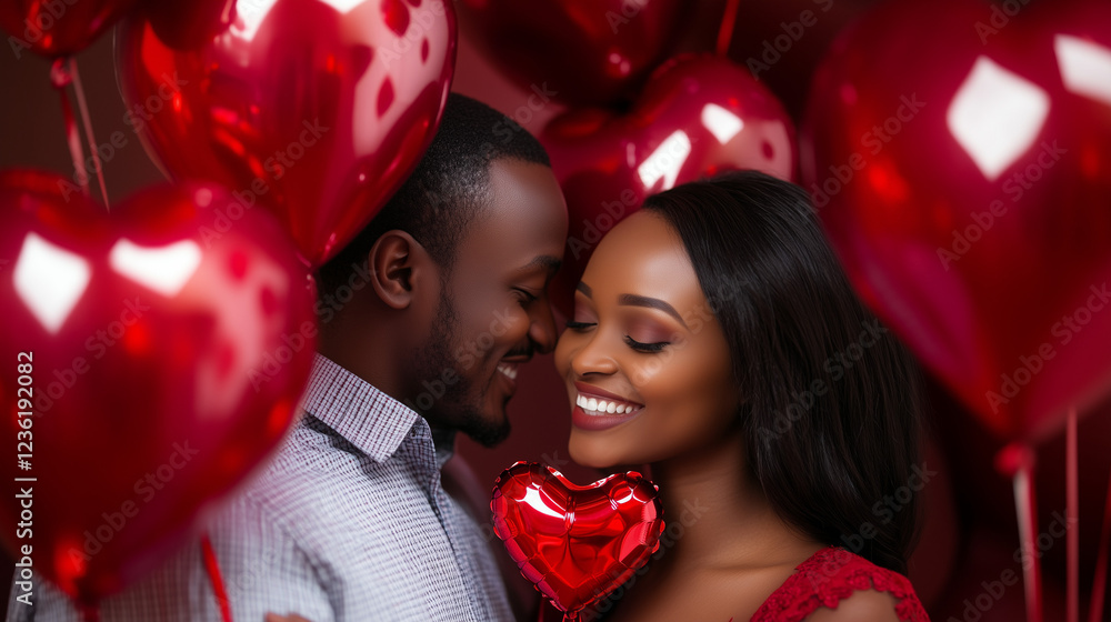 Joyful Black Couple Celebrating Love on Valentine's Day with Heart Balloons Joyful Black Couple Celebrating Love on Valentine's Day with Heart Balloons