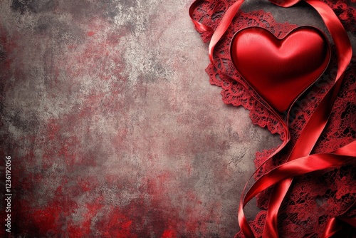 Romantic Valentine's Day Red Heart with Lace and Ribbon