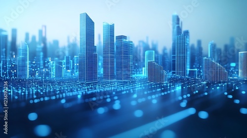 Futuristic City Skyline with Digital Overlay