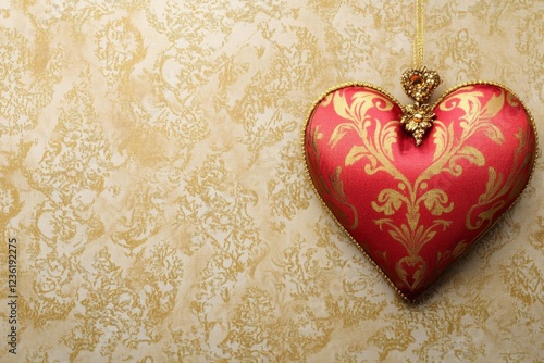 Red Heart Ornament on a Gold Damask Background