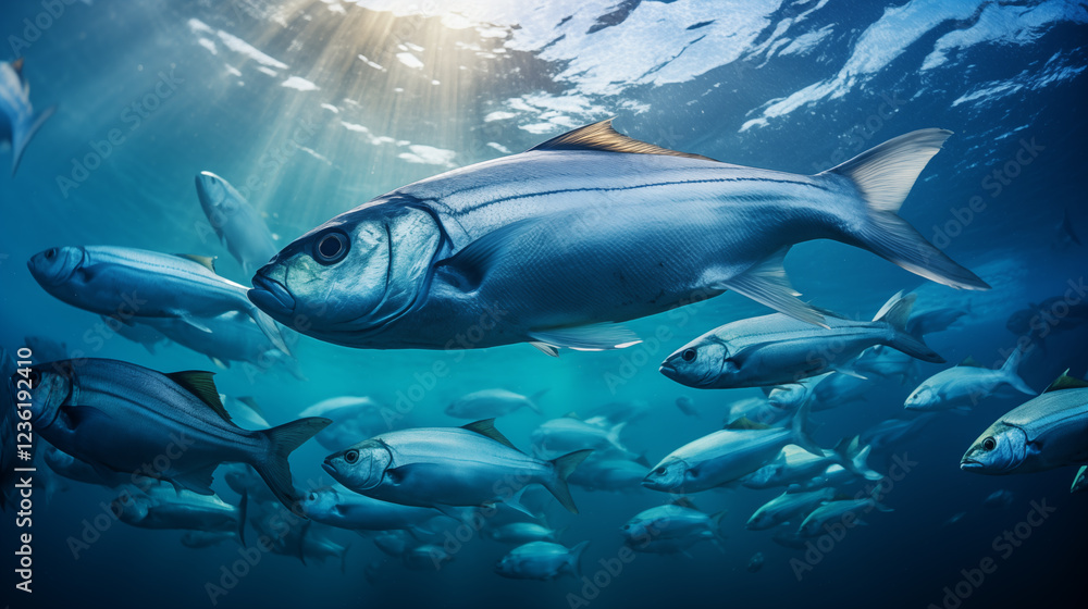 Fototapeta premium School of herring baltic fish. Marine life. Shad optimized from to be used in background design, decoration