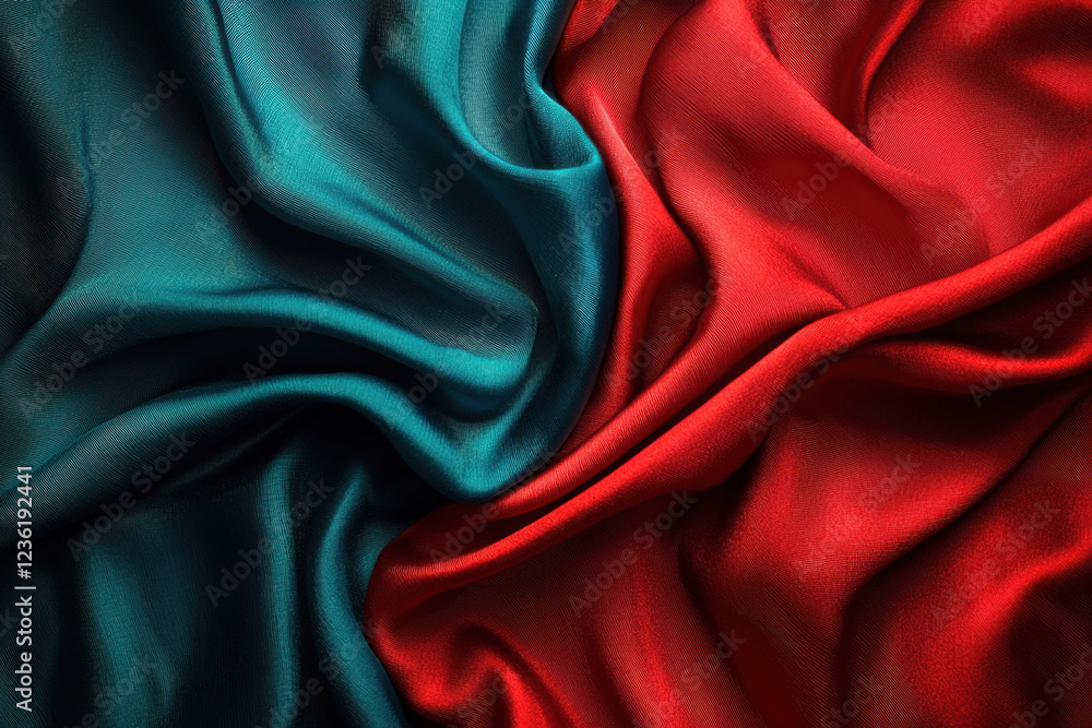 Elegant flowing red and teal silk fabric with dramatic lighting Elegant flowing red and teal silk fabric with dramatic lighting