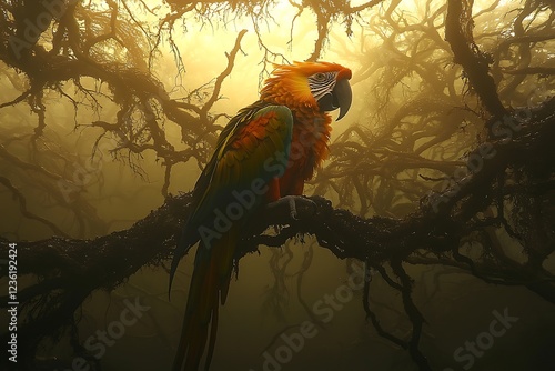 Vibrant macaw perched on ancient, mistshrouded branches.  Ethereal, mystical feel perfect for fantasy, nature, or adventure themes.  Highresolution image ideal for print, web, or design projects. photo