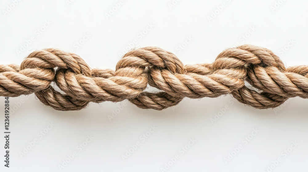Close-up of beige rope with knots on white background. Close-up of beige rope with knots on white background.