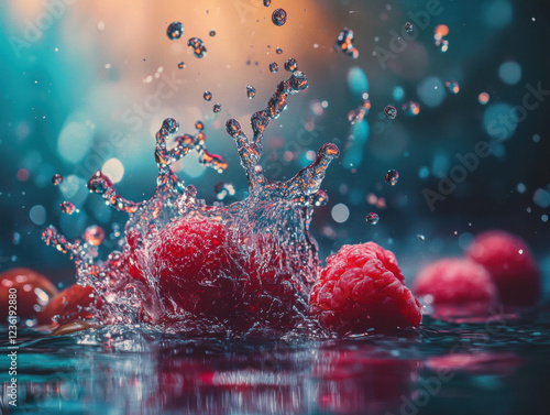 Abstract splash of red apple and strawberry in water with droplets and bubbles, creating a fresh and vibrant scene of fruit and nature in motion, with blue and green tones photo