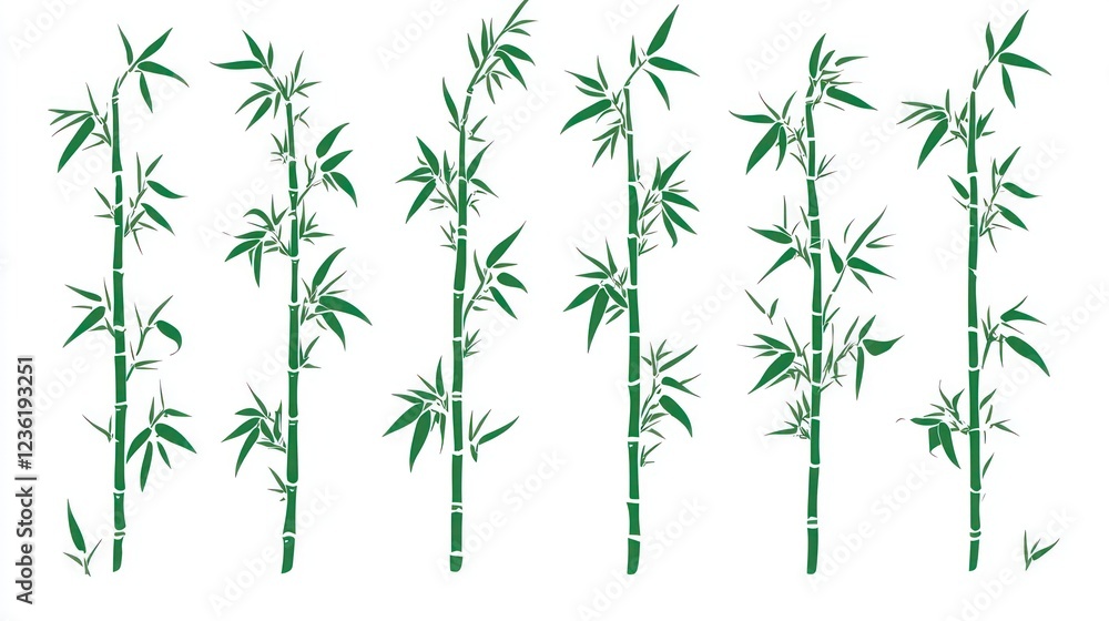 Naklejka premium Green Bamboo Stalks with Leaves Against a White Background