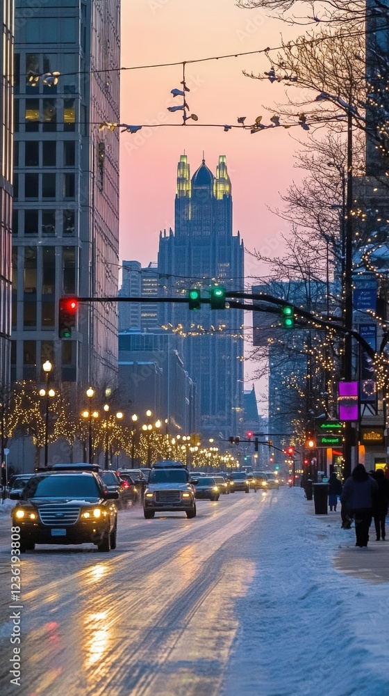 Naklejka premium ' City street at sunset with snow and car traffic. Possible travel stock use.