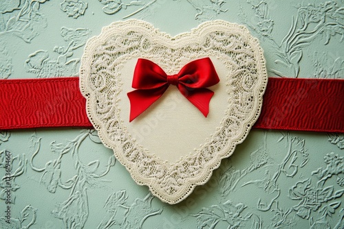 Heart-Shaped Lace Doily with Red Bow and Ribbon on a Textured Background