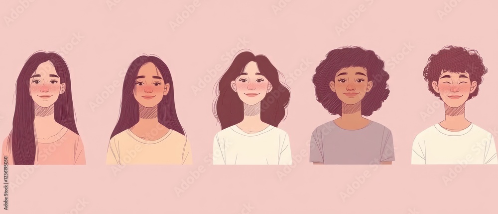 Diverse group of illustrated friends smiling on pastel background Diverse group of illustrated friends smiling on pastel background
