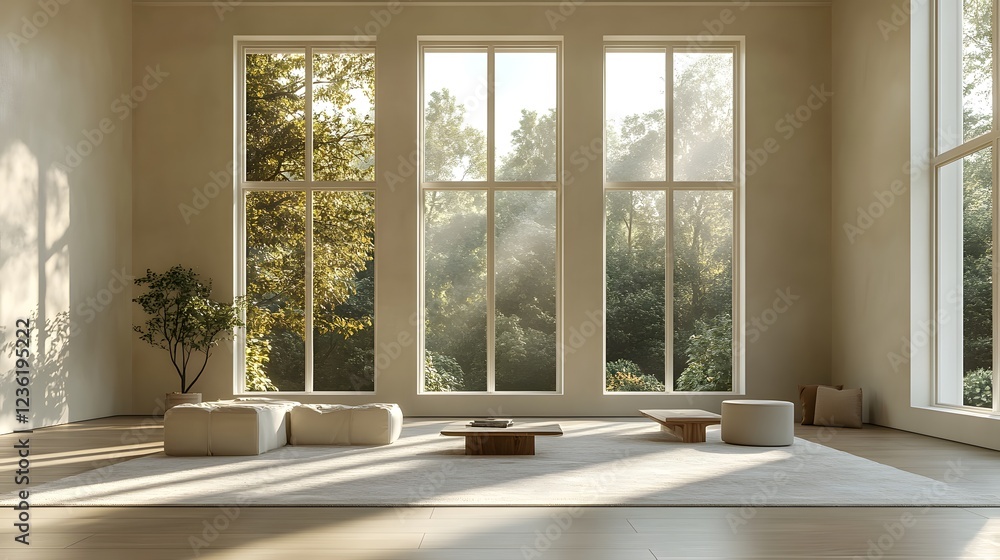 Home mockup a minimalist living room with natural light streaming through large windows The modern design features minimalist furniture and soft textures in this open and bright 3D render Home mockup a minimalist living room with natural light streaming through large windows The modern design features minimalist furniture and soft textures in this open and bright 3D render