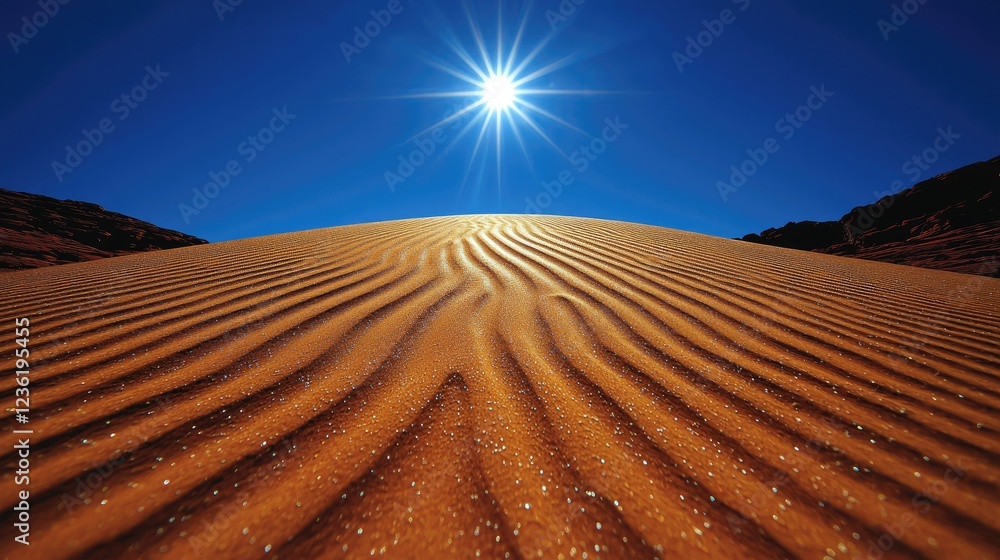 Naklejka premium Desert sand dune under bright sun, background mountains, travel poster