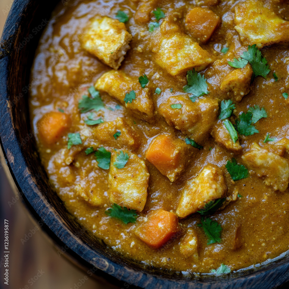 Indian chicken curry with rice served in a hot dish, featuring a savory blend of spices, tomatoes, and vegetables in a rich sauce Indian chicken curry with rice served in a hot dish, featuring a savory blend of spices, tomatoes, and vegetables in a rich sauce