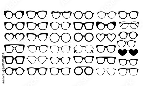 Eyeglasses vector illustration showcasing diverse style. Perfect for optometry, eyewear designs. Features round, square, cat eye, aviator, heart, rectangular, oval, rimless, half rim, full rim glasses