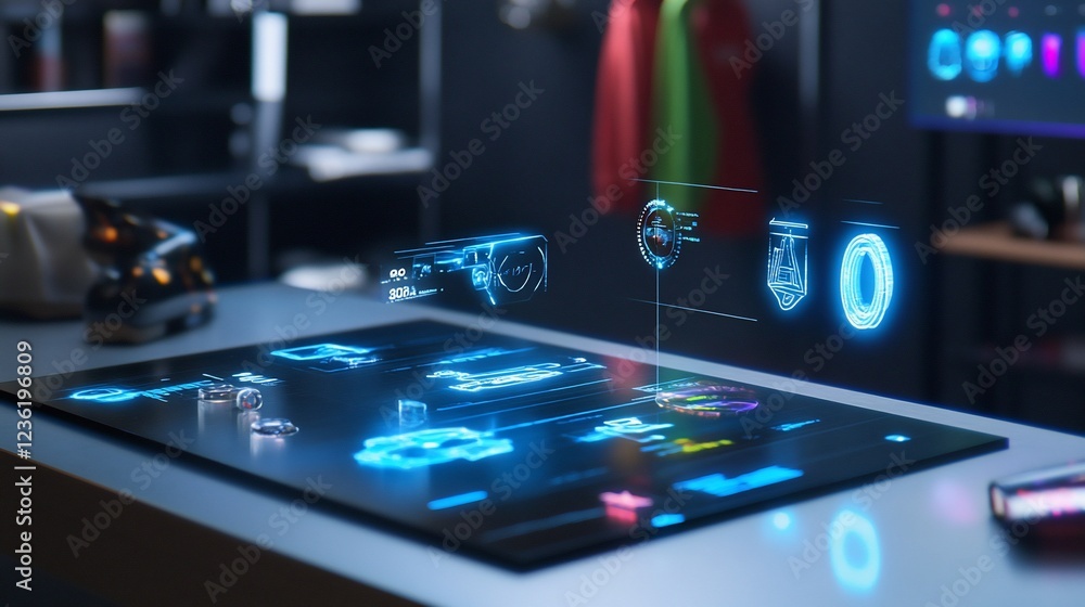 custom made wallpaper toronto digitalFuturistic technology interface with glowing blue icons and rings displaying digital information