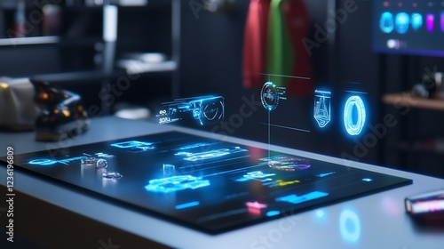 Wallpaper Mural Futuristic technology interface with glowing blue icons and rings displaying digital information Torontodigital.ca