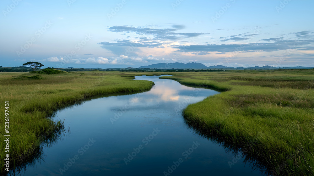 Serene river meanders through grassy wetlands at dusk. Landscapes Serene river meanders through grassy wetlands at dusk. Landscapes