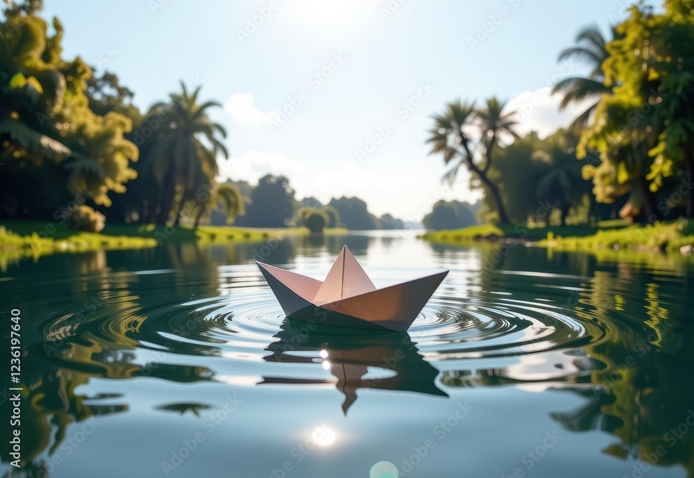 Obraz premium A paper boat floats serenely on a calm river bathed in the warm glow of the setting sun. Sunlight filters through the lush green foliage of trees lining the riverbank