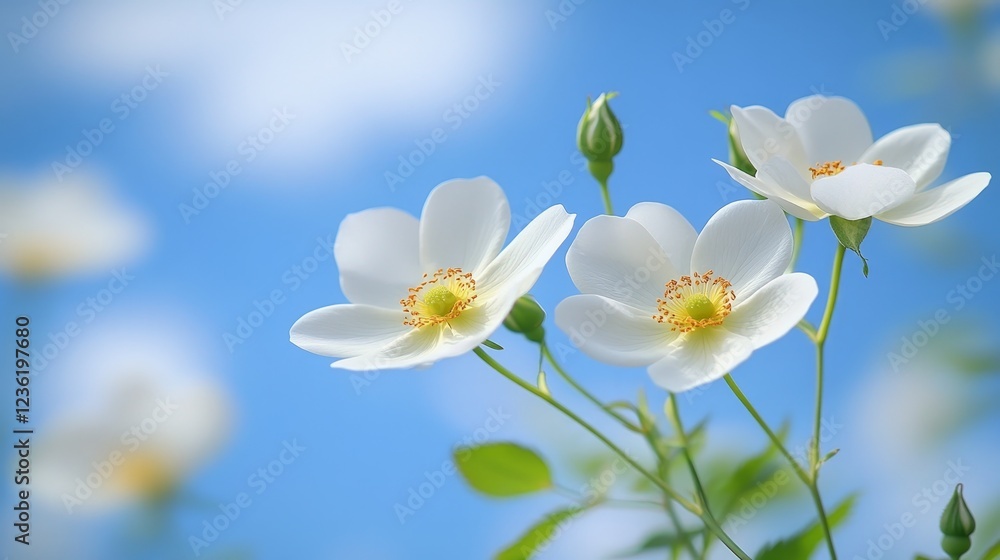White Roses Blooming Under a Summer Sky, Delicate Petals and Soft Buds in the Sunny Garden White Roses Blooming Under a Summer Sky, Delicate Petals and Soft Buds in the Sunny Garden