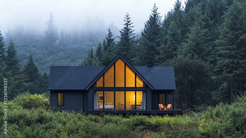 Obraz premium Serene Cabin Retreat Surrounded by Lush Green Forest and Mist