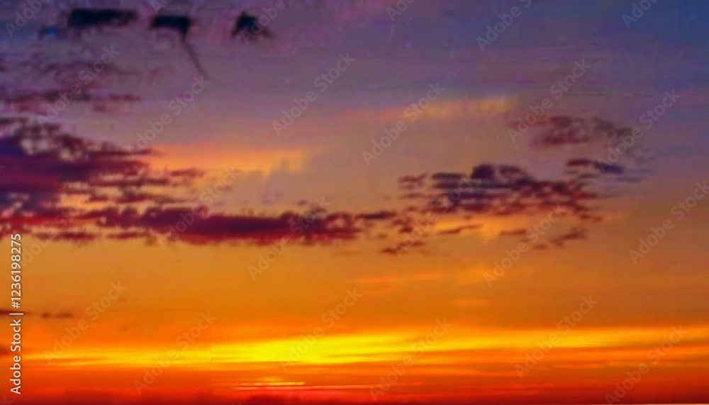 Fototapeta premium Ciel bleu avec nuages ​​au coucher du soleil. Panorama. Coucher de soleil doré orange vif. Fond de ciel coloré en soirée. Large bannière. Espace de copie.