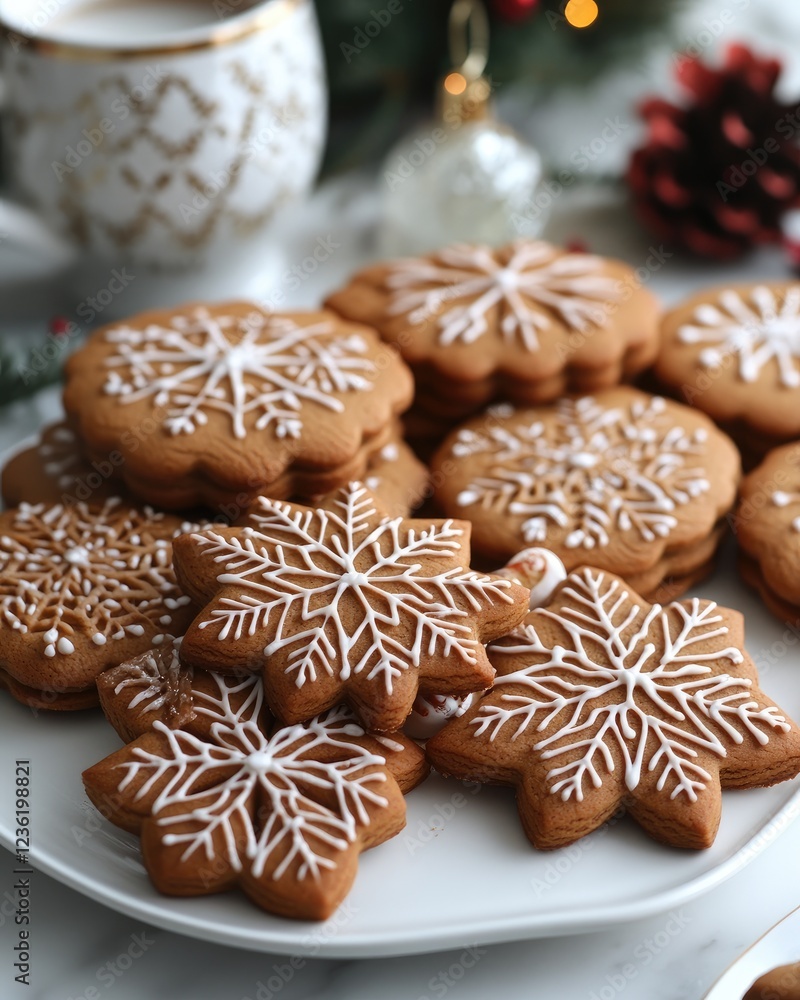 Festive gingerbread cookies decorated with white icing, displayed on a plate amidst holiday decor Festive gingerbread cookies decorated with white icing, displayed on a plate amidst holiday decor