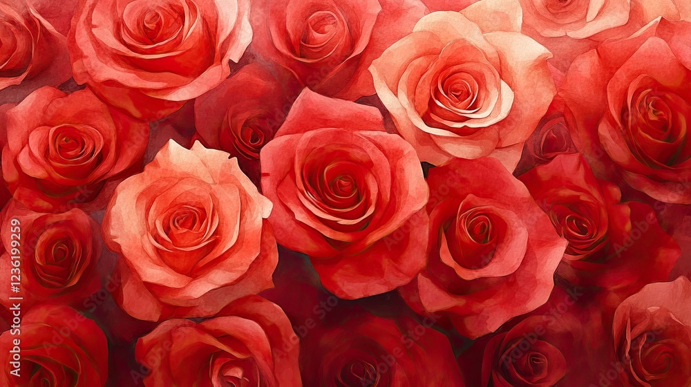 Graceful watercolor bouquet of bold red roses, arranged in a sophisticated style, ideal for weddings or romantic-themed designs with soft, fluid color tones. Graceful watercolor bouquet of bold red roses, arranged in a sophisticated style, ideal for weddings or romantic-themed designs with soft, fluid color tones.