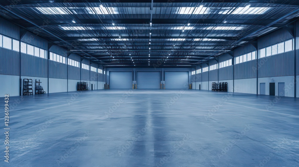 Fototapeta premium Empty large warehouse interior with high ceiling, concrete floor, and loading docks.