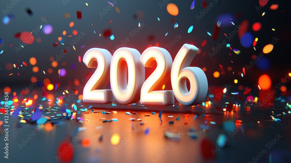3D White Numbers Surrounded by Colorful Confetti with a Celebration Theme for New Year or Special Event 3D White Numbers Surrounded by Colorful Confetti with a Celebration Theme for New Year or Special Event