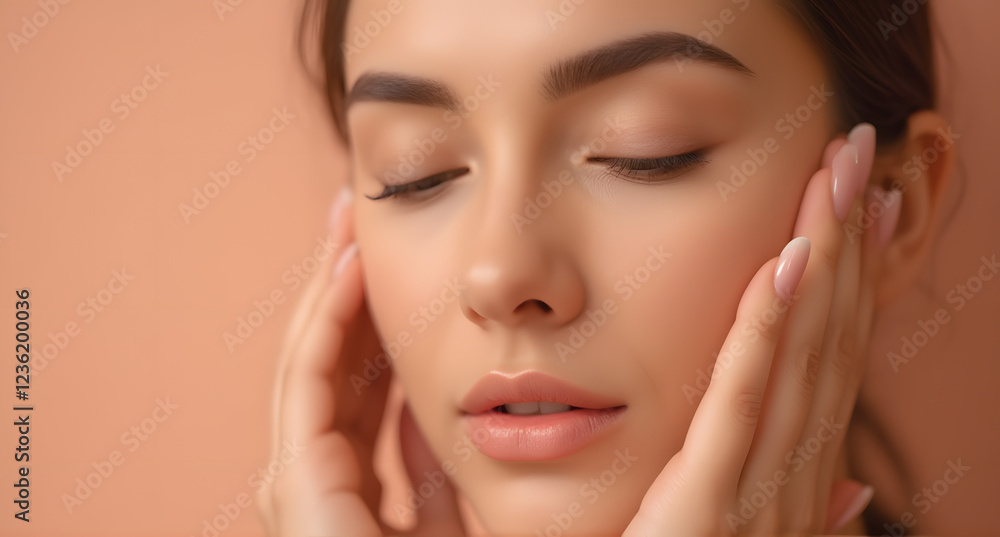 Woman Gently Touching Face, Soft Skin, Natural Beauty Woman Gently Touching Face, Soft Skin, Natural Beauty